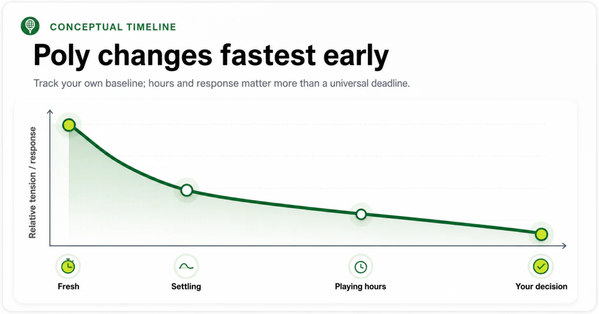 Conceptual polyester tennis string tension-loss timeline from fresh stringing through a personal replacement decision