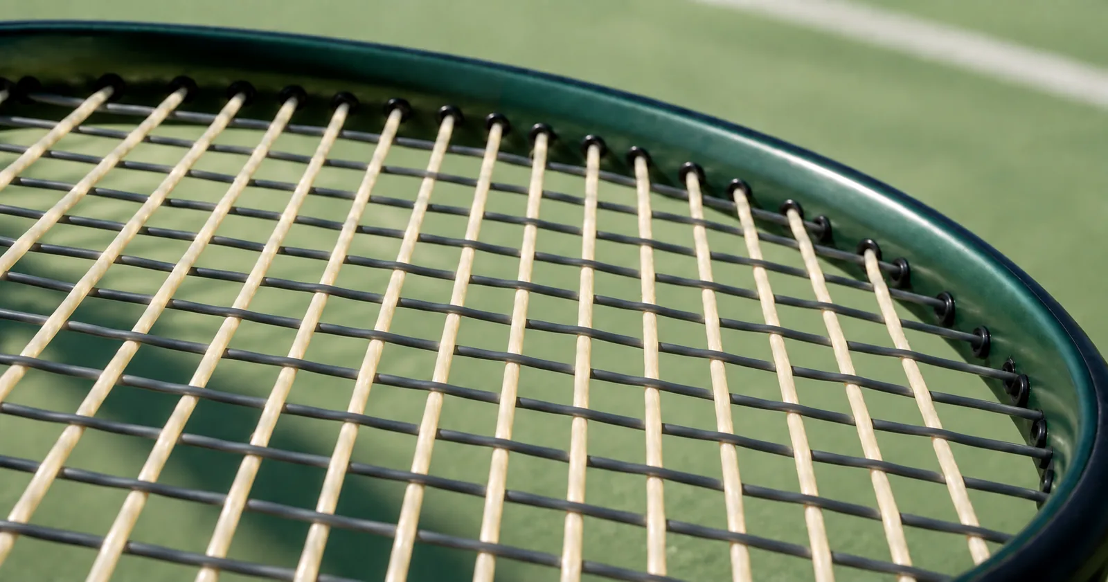 Hybrid tennis stringbed with ivory natural-gut mains and dark-grey polyester crosses