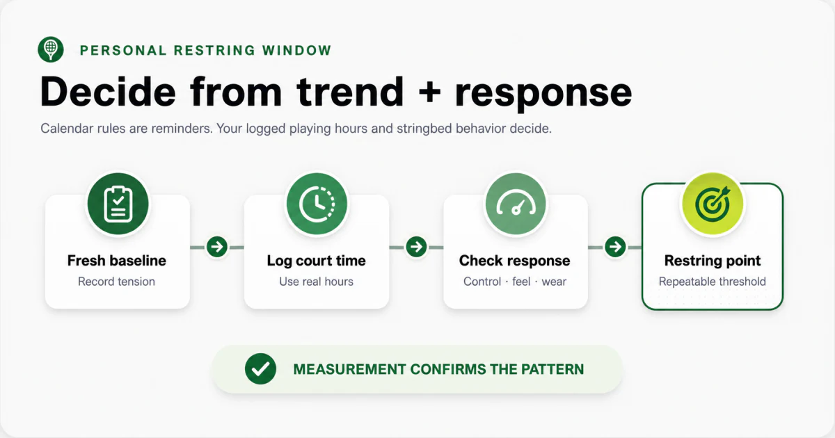 Decision timeline from a fresh stringbed baseline through playing hours and response changes to a personal restring point