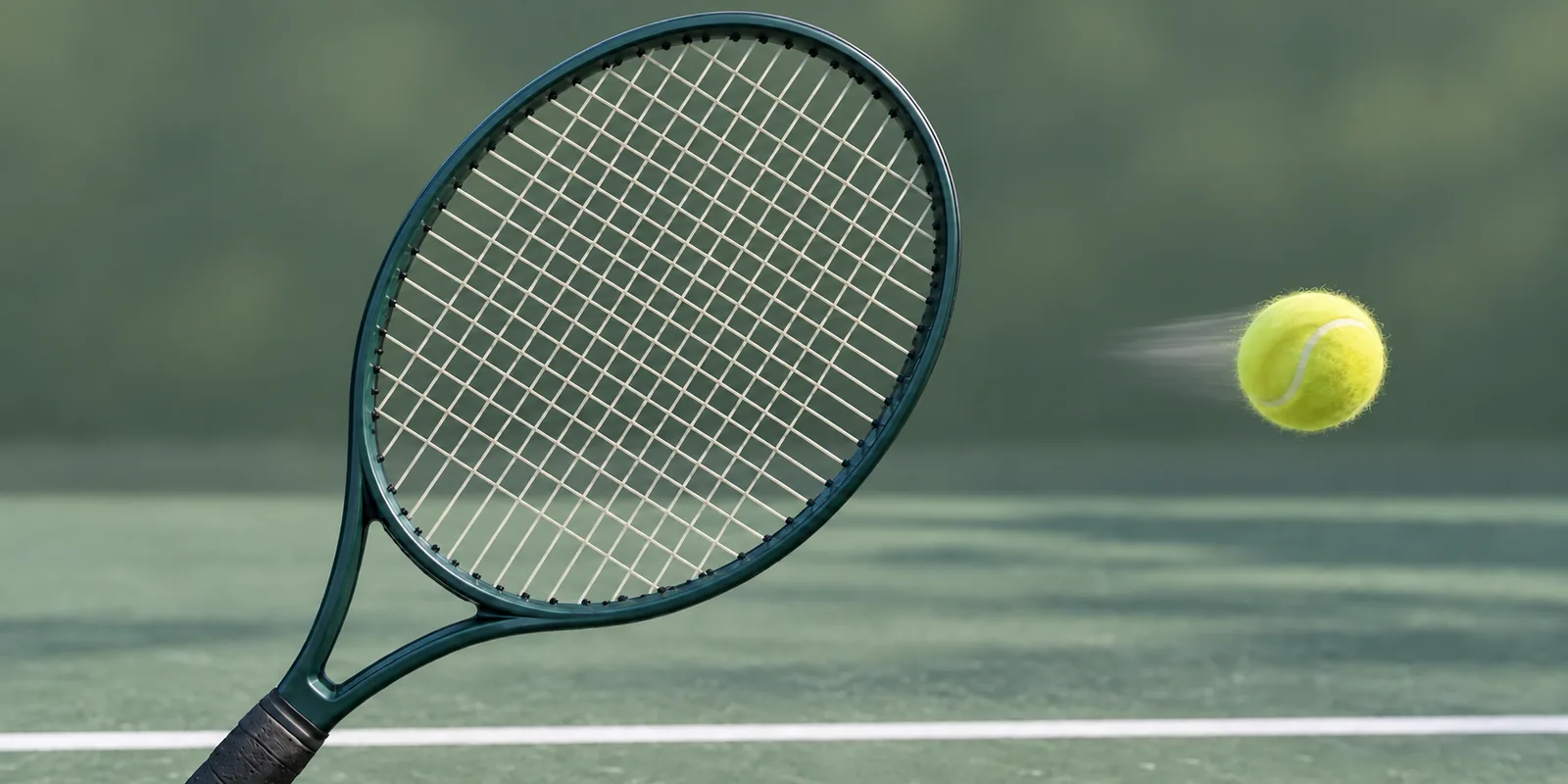 Spinning tennis ball leaving a diagonally held racquet with straight strings above a green hard court