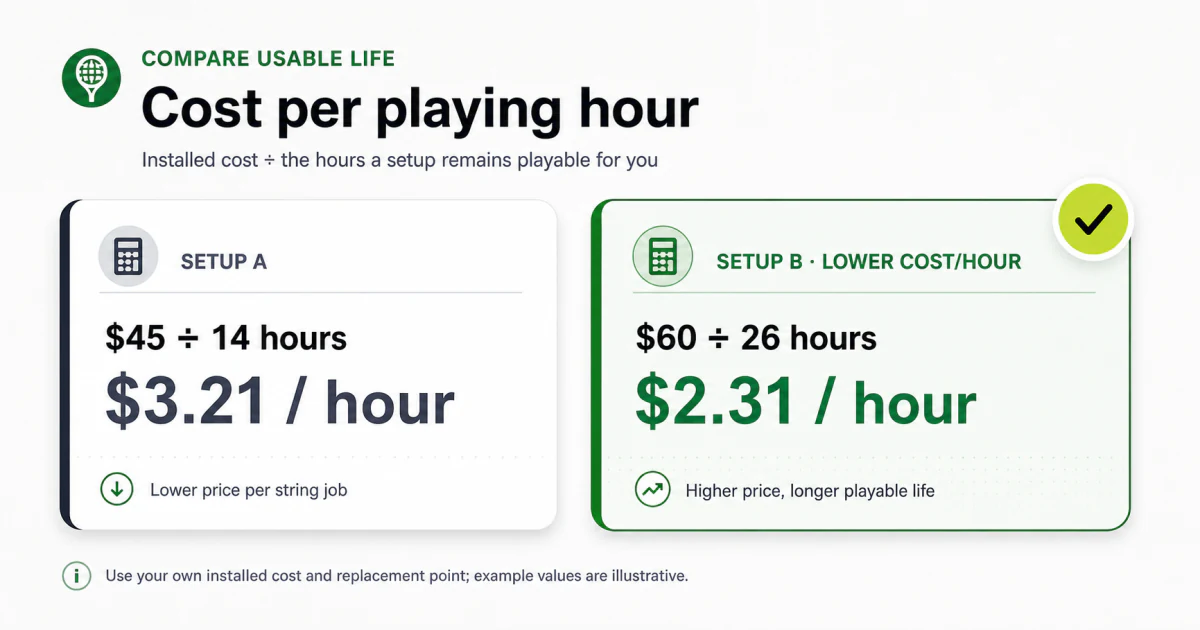 Example comparing two tennis string setups using installed cost divided by playable hours