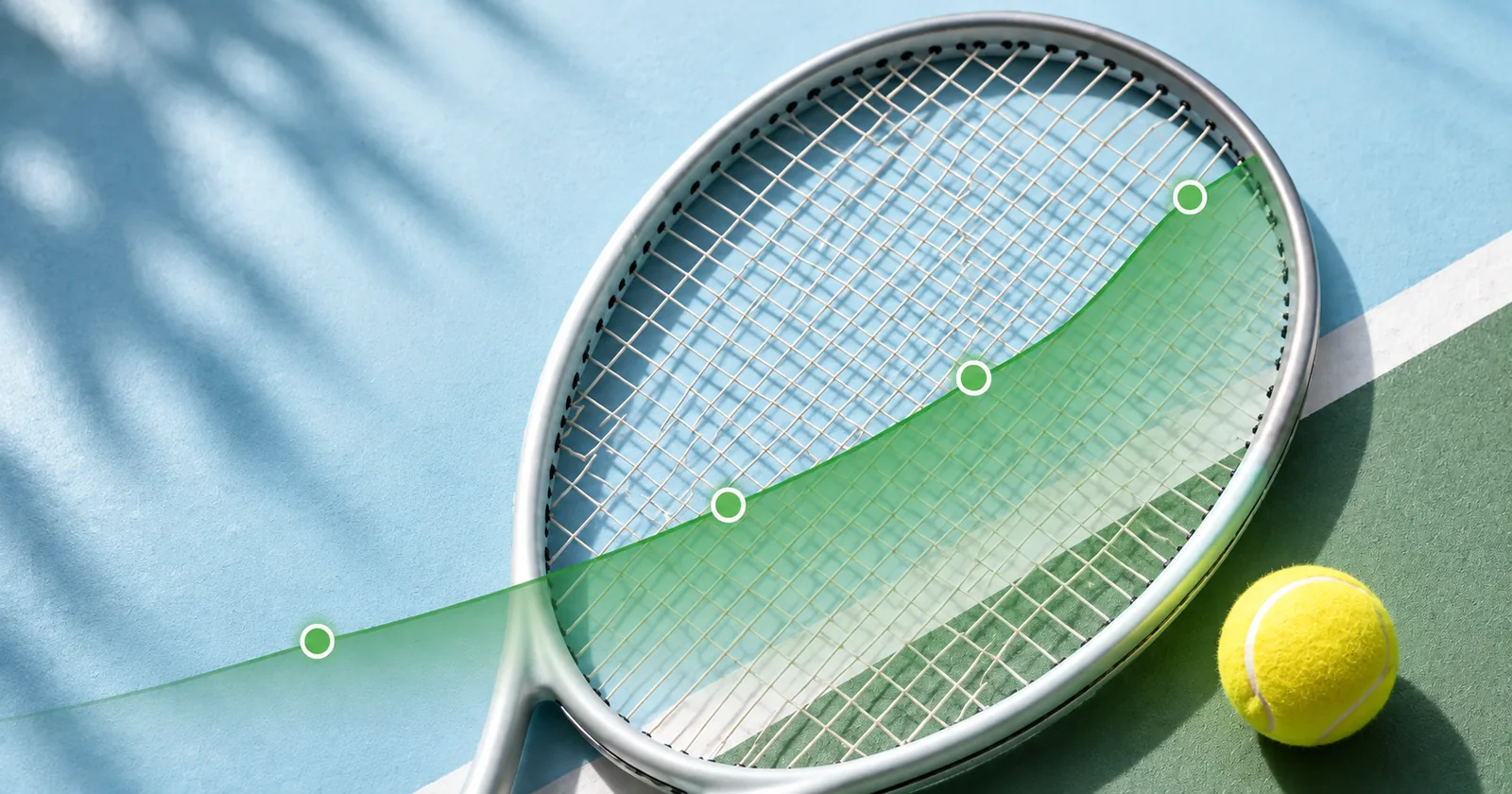 Tennis racquet stringbed overlaid with a rising green string-cost forecast curve